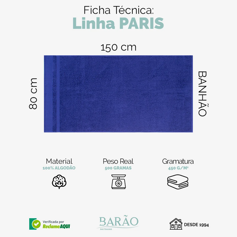 Kit 20 Toalhas de Banho Gigantes Paris 100% Algodão 80x150cm - 500g/m Masculino